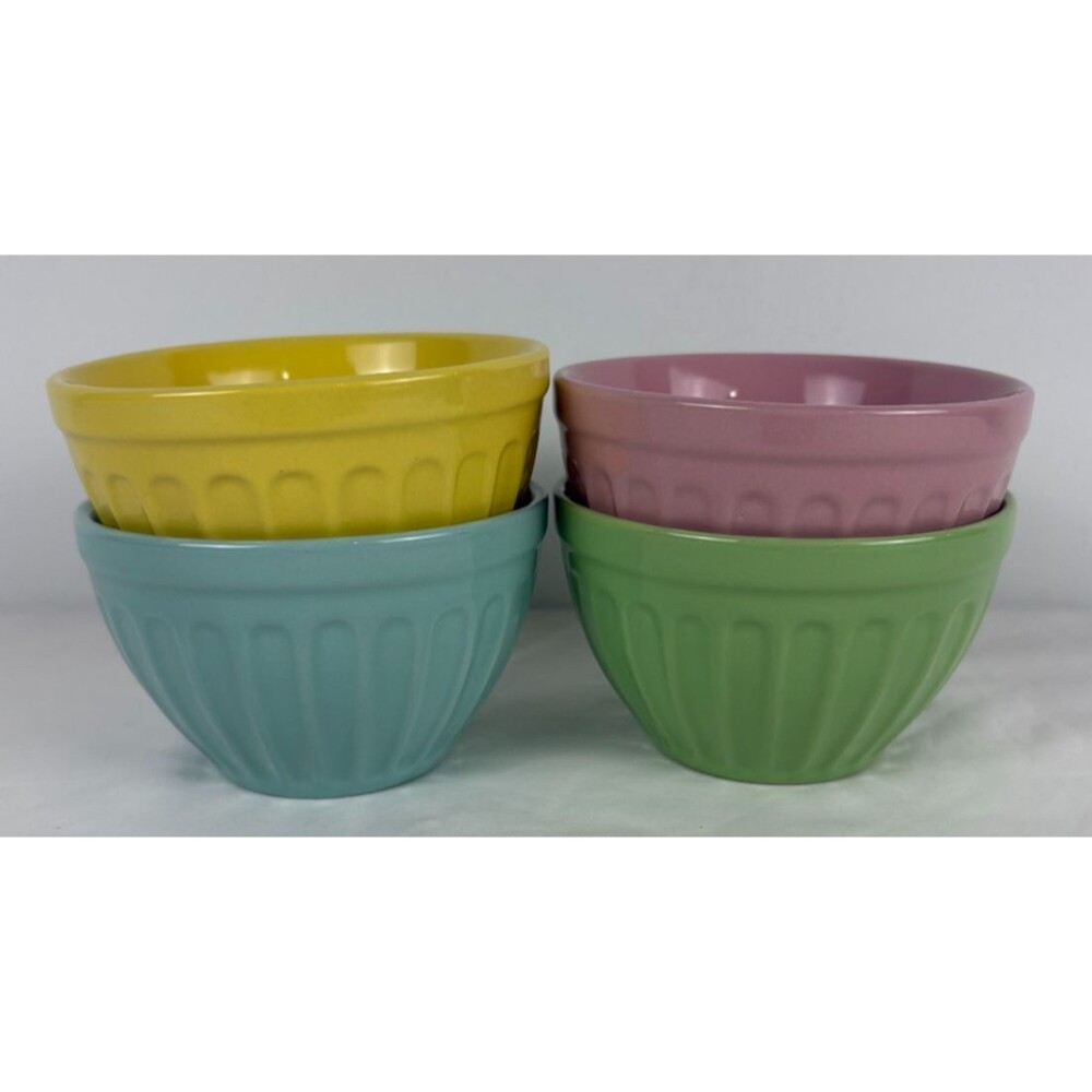 Pier 1 Imports Pastel Stoneware Ice Cream Bowls Set of 4 Ribbed Multicolor VTG